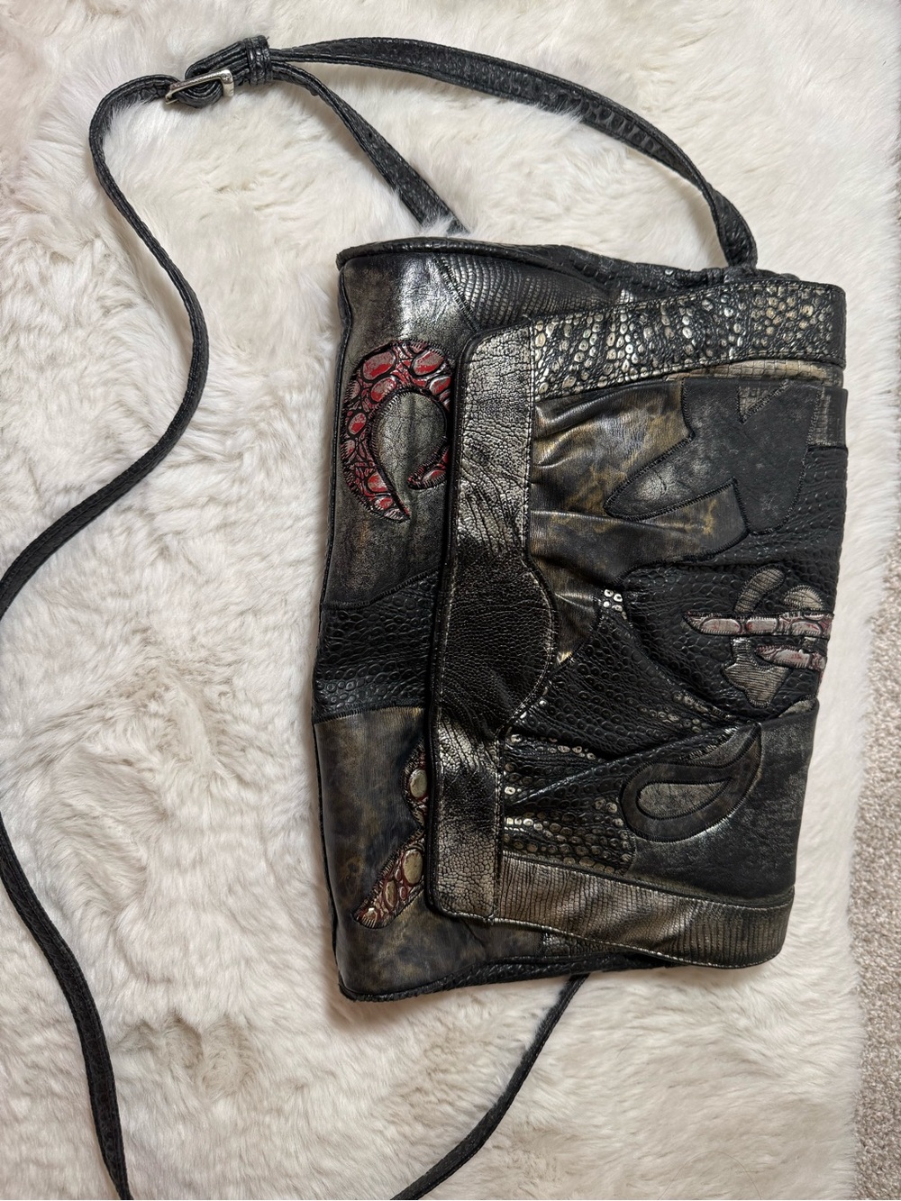 NAS Vintage Black Patchwork Leather Crossbody Bag with Red Accent (Made in Korea